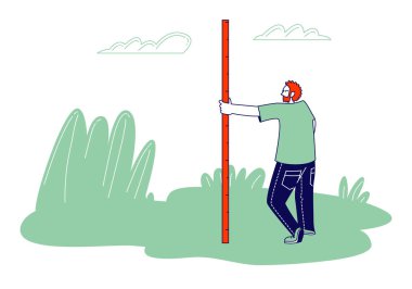 Geological Field Work with Professional Tools, Geologist Holding Ruler on Nature Background Searching Minerals Sample with Geodetic Measurement Instruments, Cartoon Flat Vector Illustration, Line Art