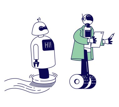 Robots Help Human in Life Working in Office, Chatbot Assistance, Answering Questions Online, Ai Artificial Intelligence. Futuristic Technologies, Automation Cartoon Flat Vector Illustration, Line Art