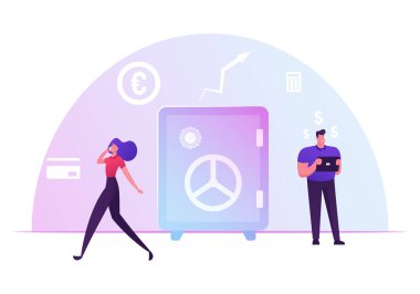 Business People and Finctech Concept. Businessman and Businesswoman Use Financial Technologies. Bank Employee with Tablet Stand at Safe. Money Savings, Fund Investment Cartoon Flat Vector Illustration