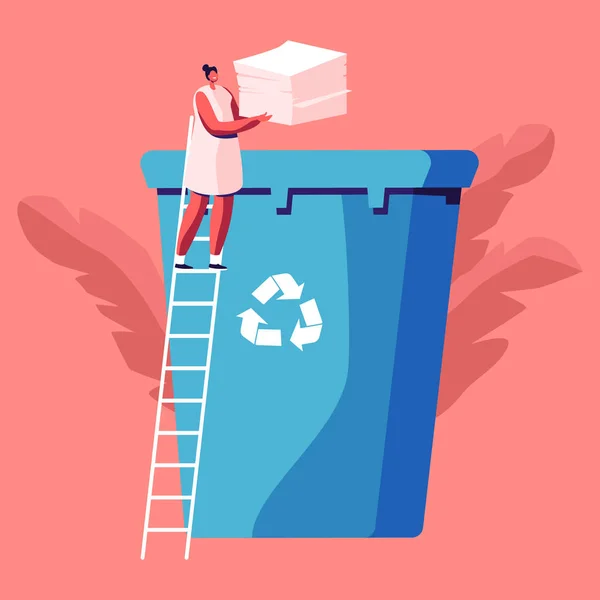 Женский персонаж бросает бумажный мусор в мусорный контейнер со знаком утилизации. Защита окружающей среды, проблема загрязнения Земли, женщина-эко-активистка, решение проблемы повторного использования отходов Мультфильм Плоская векторная иллюстрация — стоковый вектор