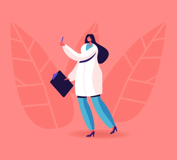Female Doctor Endocrinologist in Medical Robe Holding Clipboard and Pen Stand in Clinic Chamber. Hospital Healthcare Staff at Work. Medicine Profession, Occupation. Cartoon Flat Vector Illustration — 스톡 벡터