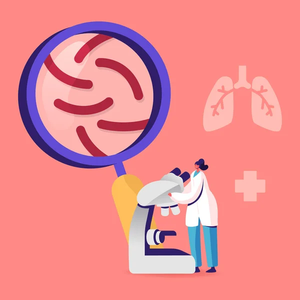 Pequeño médico observando al microscopio el aprendizaje de microbios y el control de los pulmones esputo sobre la neumología, la fibrosis Tuberculosis Neumonía Bacterias y gérmenes, diagnóstico de cáncer Dibujos animados Vector plano Ilustración — Archivo Imágenes Vectoriales