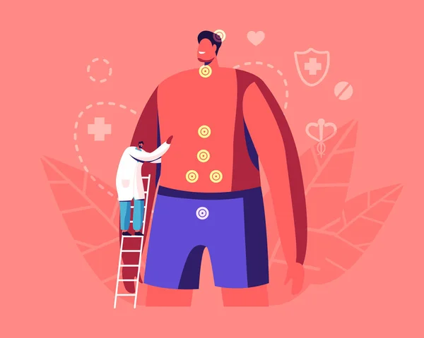 Αρσενικός γιατρός Ενδοκρινολόγος στην ιατρική Robe Stand on Ladder Εξετάστε ασθενή με ορμονική διαταραχή ισορροπίας νόσου, Αναλύοντας Ενδοκρινής Υγεία, λεμφαδένες και Thyroid Gland Cartoon Flat Vector Illustration — Διανυσματικό Αρχείο