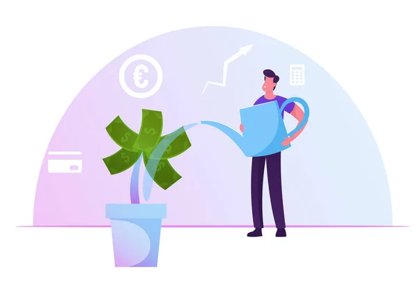 Businessman Watering Money Tree with Dollar Banknotes on Branch. Investment, Finctech Financial Technologies, Savings. Man Growing Finance Wealth for Future Freedom. Cartoon Flat Vector Illustration — Stok Vektör