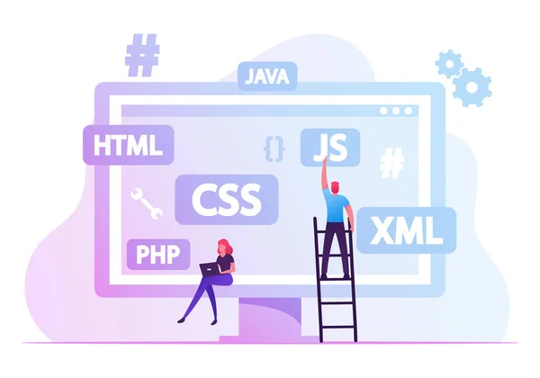 Software Development Concept. Programmers Make Site or Web Interface Project. Website Designer Developer Social Media Wireframe Front End Html Programming, Coding. Cartoon Flat Vector Illustration — Stock vektor