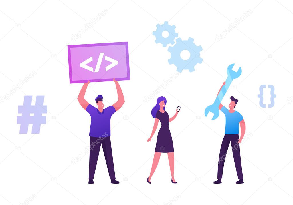 Programmers Team Working on Computer at Web Site Page Online Project Html Java Css Coding, Front End Developing , Ui Ux Tech Application Software Development Work, Cartoon Flat Vector Illustration