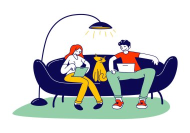 Freelance Selfemployed Occupation Concept. Relaxed Man and Woman Freelancers Character Sitting on Couch Working Distant on Laptop from Home. Remote Workplace Cartoon Flat Vector Illustration, Line Art