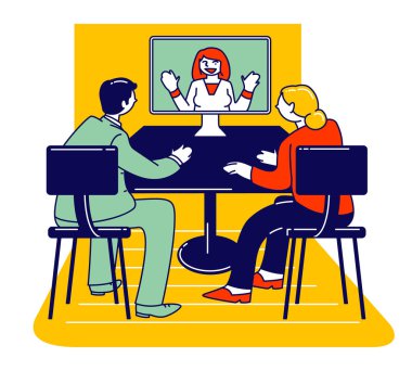 Psychotherapy Helpline, Online Consultation. Family Couple Listening Doctor Psychologist on Computer Monitor Having Distant Conversation Solve Mind Problems Cartoon Flat Vector Illustration, Line Art