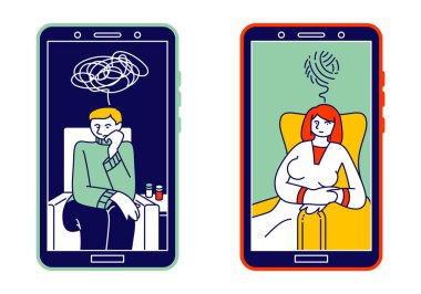 Online Psychological Consulting Concept. Depressed Man and Woman with Tangled Thoughts on Smartphone Screen Distant Consultation on Helpline with Psychologist Cartoon Flat Vector Illustration Line Art