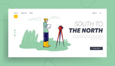 Geological or Archaeological Expedition, Resource Mining, Discovery Website Landing Page. Geologist or Archaeologist Stand near Theodolite Web Page Banner. Cartoon Flat Vector Illustration, Line Art