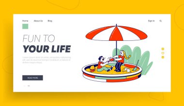 Children in Kindergarten Leisure Game, Preschool Education Website Landing Page. Toddlers Play at Yard Sitting in Sandbox Fighting for Shovel Web Page Banner. Cartoon Flat Vector Illustration Line Art