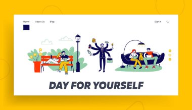 Self-employment and Multitasking Website Landing Page. Relaxed Freelancers Working Distant on Laptop. Busy Businessman with Many Hands Web Page Banner. Cartoon Flat Vector Illustration, Line Art clipart