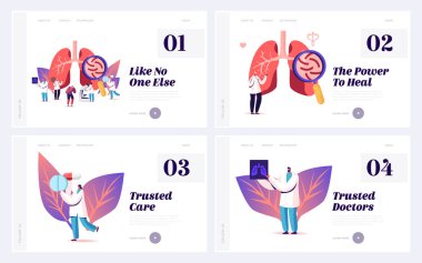 Pulmonology Diseases, Fibrosis Tuberculosis Website Landing Page Set. Doctors with Magnifying Glass Examine Sick Patient Lungs with Pathogen Microbes Web Page Banner. Cartoon Flat Vector Illustration
