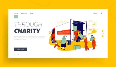Governmental Help, Humanitarian Aid Website Landing Page. Volunteers Team in Van Giving Help Boxes to Refugees, Senior Woman with Little Boy Web Page Banner. Cartoon Flat Vector Illustration, Line Art