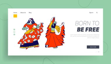 Romany Culture, Fun Website Landing Page. Gypsy Women Dressed in Colorful Dresses, Shawl and Jewelry Dancing, Singing and Performing Web Page Banner. Cartoon Flat Vector Illustration, Line Art