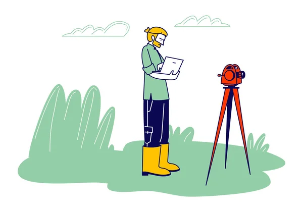 Male Geologist or Archaeologist Stand near Theodolite Learning Paper Documents during Geological or Archaeological Expedition, Resource Mining, Discovery Cartoon Flat Vector Illustration, Line Art — ストックベクタ