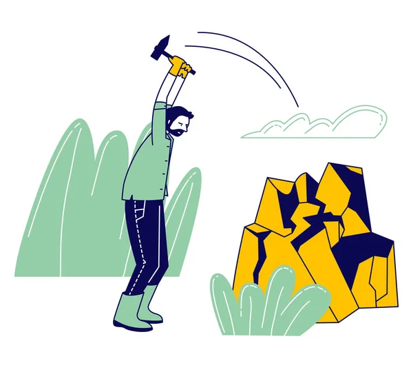 Geologist Hitting Rock with Hammer Searching Minerals and Ore during Fieldwork Expedition, Scientific Geological Research Examination, Excavation Profession, Cartoon Flat Vector Illustration, Line Art — ストックベクタ