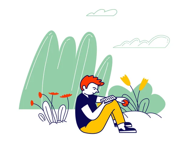 Teenage Boy Sitting Outdoors in Garden Reading Book and Eating Apple, Summertime Vacation, Holidays Recreation, Relaxing Spare Time in Village or Country Cartoon Flat Vector Illustration, Line Art — ストックベクタ