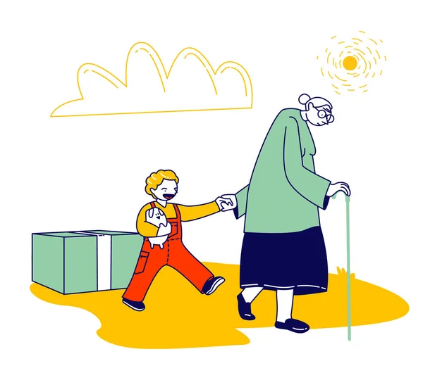 Senior Woman with Walking Cane Going with Little Boy to Get Humanitarian Aid, Vulnerable Social Groups, Poor People Need Help and Material Assistance, Cartoon Flat Vector Illustration, Line Art — 스톡 벡터