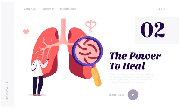 Tuberculosis Medical Pulmonological Care Website Landing Page. Respiratory Medicine, Healthcare and Pulmonology. Doctor Checking Human Lungs Pathology Web Page Banner. Cartoon Flat Vector Illustration — Stok Vektör