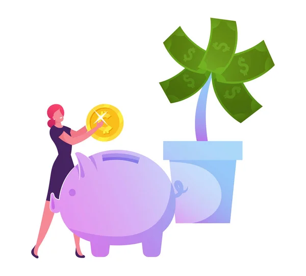 Businesswoman Put Golden Coin to Piggy Bank near Huge Potted Money Tree with Dollars. Investment Strategy, Savings and Capital, Finctech, Financial Technologies Cartoon Flat Vector Illustration — Stok Vektör