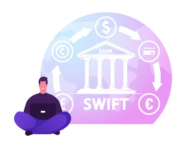 Swift, Society Worldwide Bankközi Pénzügyi Távközlési koncepció. Üzletember Laptoppal ül a Bank Building közelében, pénzátutalási ikonokkal. Bankrendszer rajzfilm lapos vektor illusztráció — Stock Vector