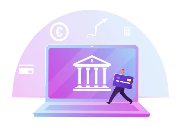 Businessman with Huge Credit Card Passing by Laptop with Bank Building on Screen. Finctech, Financial Technologies, Cashless Payment, Wireless Online Money Transaction Cartoon Flat Vector Illustration — 스톡 벡터