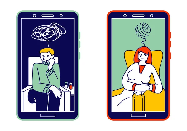 Online Psychological Consulting Concept. Depressed Man and Woman with Tangled Thoughts on Smartphone Screen Distant Consultation on Helpline with Psychologist Cartoon Flat Vector Illustration Line Art — 스톡 벡터