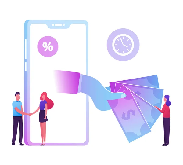Huge Hand from Smartphone Screen Stretch Money to Woman Shaking Hands with Bank Employee. Micro Credit Finance Organization Service, Loan with Huge Percent, Banking Cartoon Flat Vector Illustration — Stok Vektör