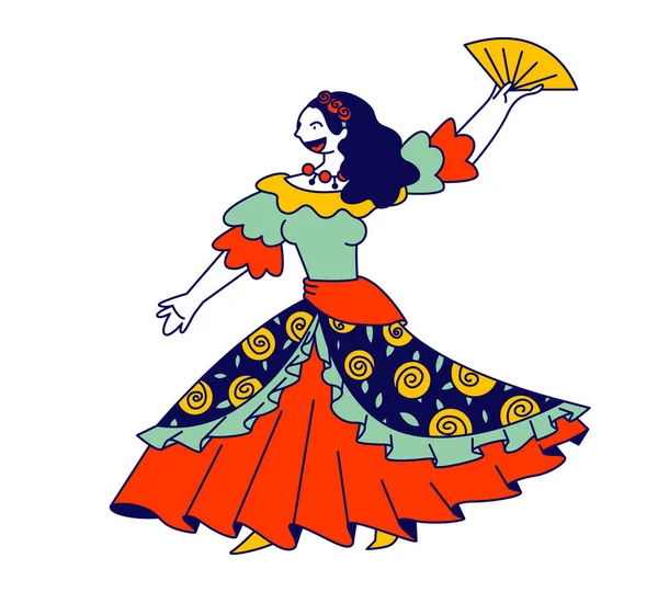Schöne Zigeunerin im langen Kleid, die mit einem Fächer in den Händen tanzt und ein Lied singt. Zigeunerkultur, Nationale Tradition, Roma Musik und Tanz, Konzert Cartoon Flat Vector Illustration, Line Art — Stockvektor