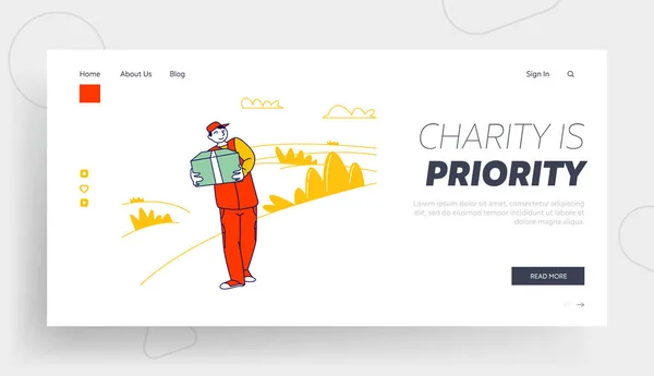 Man Carry Box with Donating Things Website Landing Page. Charity Organization Help People in Troubles, Volunteer Donation Humanitarian Aid Web Page Banner. Cartoon Flat Vector Illustration, Line Art — Stock vektor