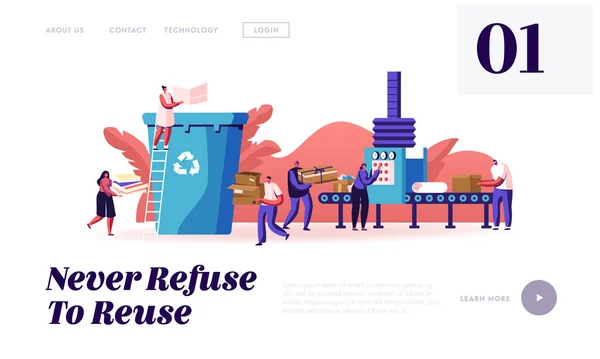 Paper Waste, Environmental Protection Website Landing Page. People Throw Garbage to Recycle Litter Bin Sort, Recycle and Segregation of Cardboard Trash Web Page Banner Cartoon Flat Vector Illustration — Stock Vector