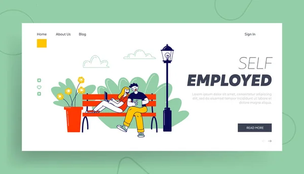 Remote Freelance Work, Self-employment Website Landing Page. Freelancers Sitting in Park Working Distant on Laptop. Self Employed Characters Web Page Banner. Cartoon Flat Vector Illustration, Line Art — Stock vektor