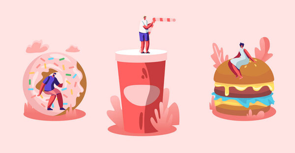 Set of Tiny Male and Female Characters Interacting with Fastfood. Huge Burger with Mustard, Donut and Soda Drink. People Eating Street Fast Food in Cafe, Junk Meal Cartoon Flat Vector Illustration