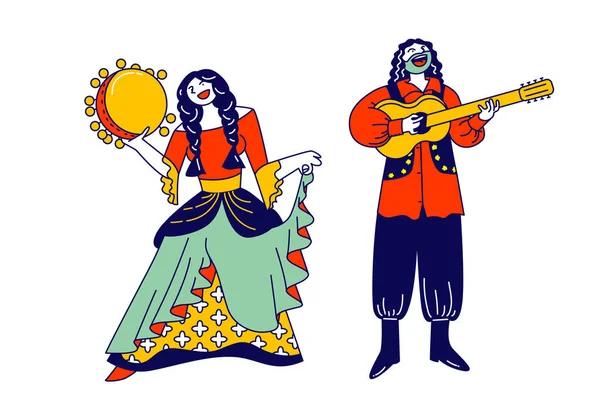 Pareja gitana vestida con ropa étnica bailando y tocando guitarra y pandereta. Cultura gitana, entretenimiento festivo justo y concepto de diversidad de personas. Dibujos animados plana Vector Ilustración, Línea de Arte — Archivo Imágenes Vectoriales