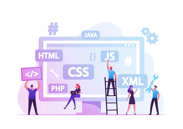 Front End Development Concept. Developers Create Web Interface, Coding and Programming on Computer. Professional Expert Html Data Base Structure, Java Script Code Cartoon Flat Vector Illustration — Stock vektor
