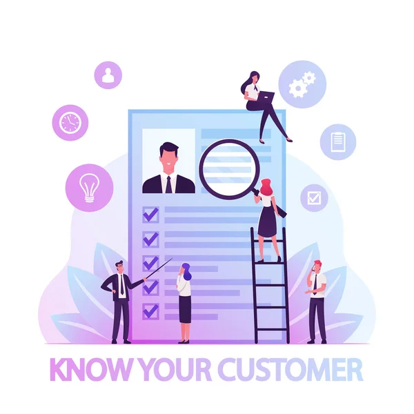 KYC or Know Your Customer Concept, Process of Business Verifying of Clients Identity and Assessing their Apitability, Tiny Businesspeople Learning Customer Profile Cartoon Flat Vector Illustration — Vector de stock