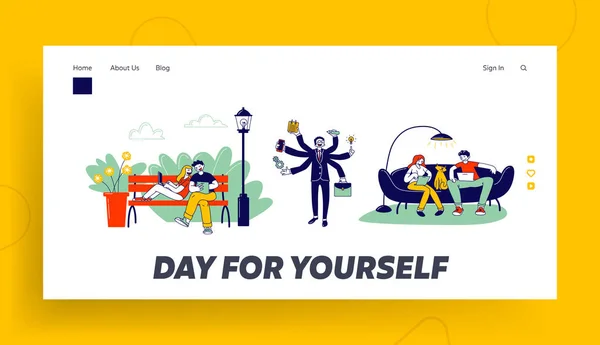 Self-employment and Multitasking Website Landing Page. Relaxed Freelancers Working Distant on Laptop. Busy Businessman with Many Hands Web Page Banner. Cartoon Flat Vector Illustration, Line Art — 스톡 벡터