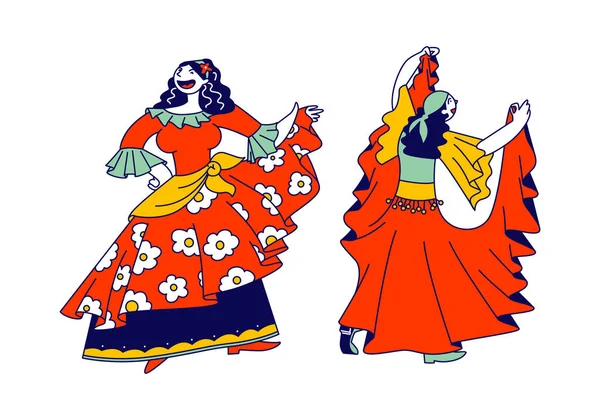 Couple de belles femmes tsiganes vêtues de robes colorées, châle et bijoux Danse et interprétation dynamique de danses et de chansons, culture rom, Fun Cartoon Flat Vector Illustration, Line Art — Image vectorielle