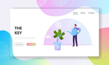 Investment, Finctech Financial Technologies, Savings Website Landing Page. Man Watering Money Tree with Dollar Banknotes. Man Grow Finance Wealth Web Page Banner. Cartoon Flat Vector Illustration