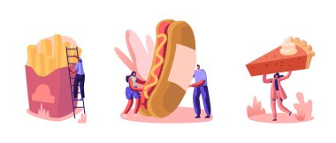 Set of People Eating Street Fast Food in Cafe, Junk Meal, Unhealthy Nutrition. Tiny Male Female Characters Interacting with Huge French Fries, Hot Dog and Pumpkin Pie Cartoon Flat Vector Illustration