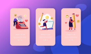 Writers Create Book Mobile App Page Onboard Screen Set. People Enjoying Writing Hobby, Typing on Typewriter, Put Ideas in Notebook Concept for Website or Web Page, Cartoon Flat Vector Illustration
