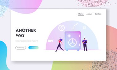 Business People and Finctech Website Landing Page. Businesspeople Use Financial Technologies. Bank Employee with Tablet Stand at Safe. Money Savings Web Page Banner. Cartoon Flat Vector Illustration
