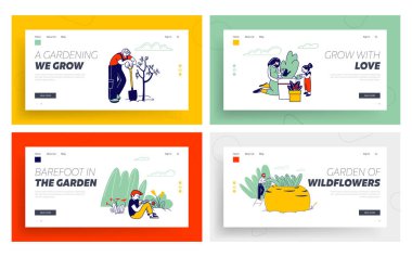 Happy Characters Working in Garden, Outdoor Family Spare Time Website Landing Page Set. Relaxing Village or Country Gardening Activity Web Page Banner. Cartoon Flat Vector Illustration, Line Art