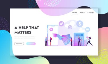Micro Credit Finance Organization Service Website Landing Page. People Using Mobile Technologies for Taking Cash Money Loan in Bank with Huge Percent Web Page Banner. Cartoon Flat Vector Illustration