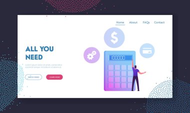 Man Take Money Credit at Micro Finance Organization or Bank Website Landing Page. Character Stand at Huge Calculator Counting Income, Profit or Loan Web Page Banner. Cartoon Flat Vector Illustration