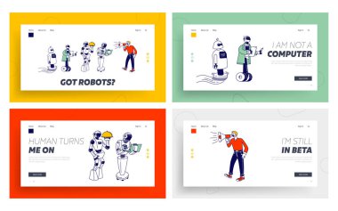 Chatbot Assistance, Human and People Interaction Website Landing Page Set. Cyborgs Waiter, Business Assistant Bot Answering Questions Online Web Page Banner. Cartoon Flat Vector Illustration, Line Art