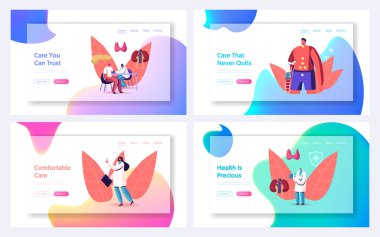 Hormone Endocrinology Disbalance Disease Treatment Website Landing Page Set. Doctors Examine Patients with Endocrine System Problems, Health Care Web Page Banner. Cartoon Flat Vector Illustration