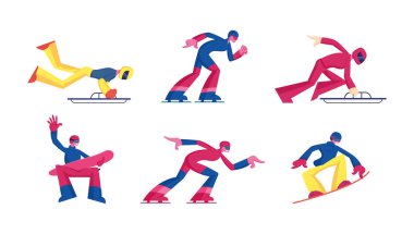 Set of Winter Sport Activities Skeleton, Skating and Snowboarding Competition. Professional Sportsmen in Uniform and Helmets Championship, International Tournament Cartoon Flat Vector Illustration
