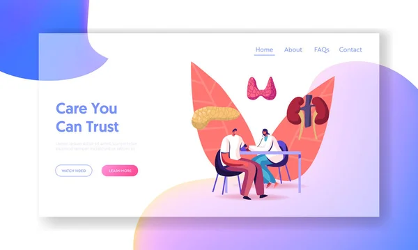 Hormon betegség egészségügyi ellenőrzés Website Landing oldal. Doktor Endokrinológus Artériás Vérnyomást mér Tonométerrel a Betegnek Honlap Banner. Rajzfilm lapos vektor illusztráció — Stock Vector